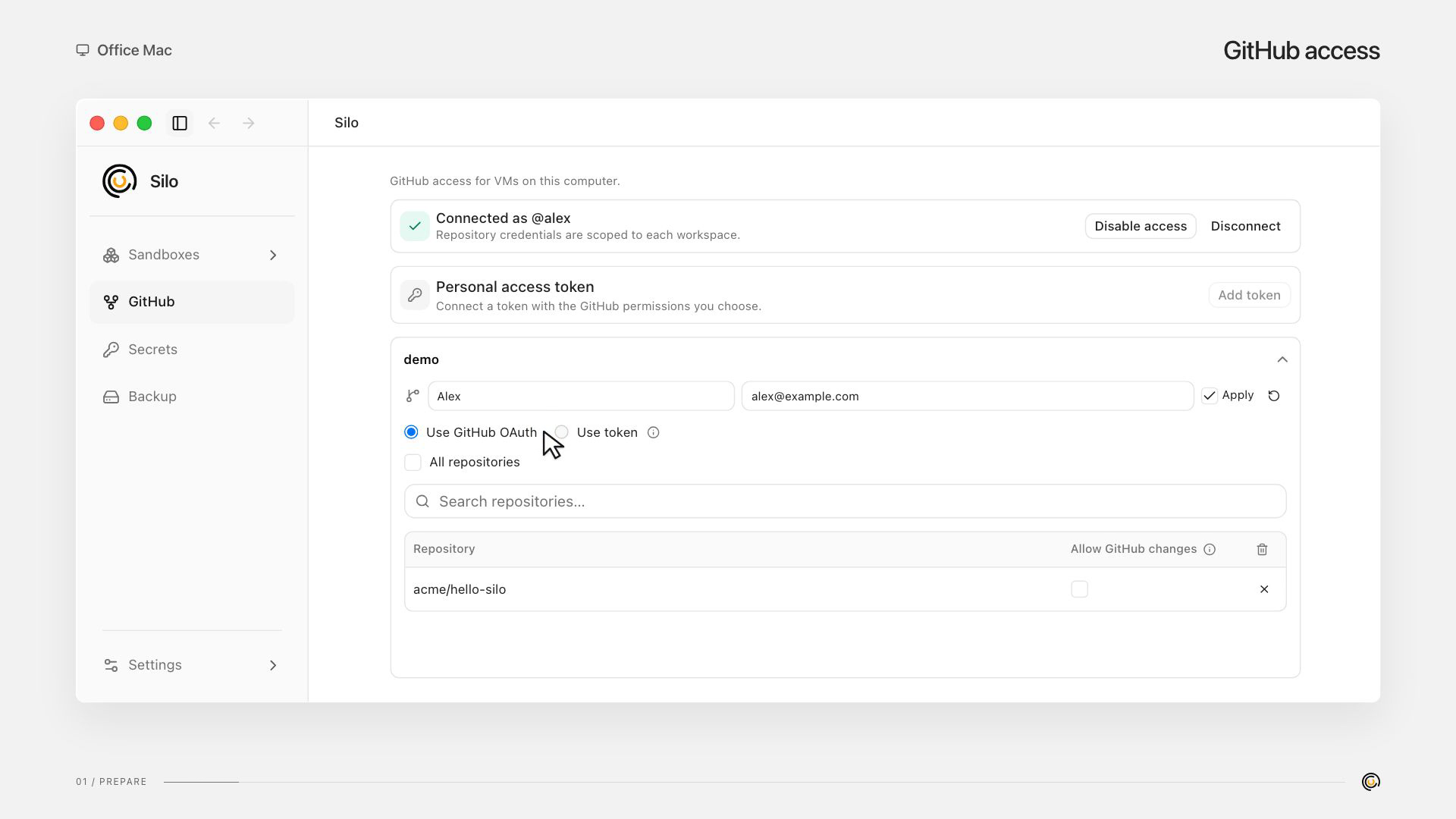 GitHub repository permissions for a sandbox in Silo.