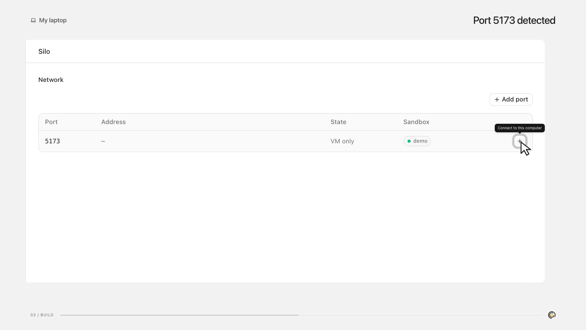 Silo's Network page connects the sandbox's development server on port 5173 to a local browser address.