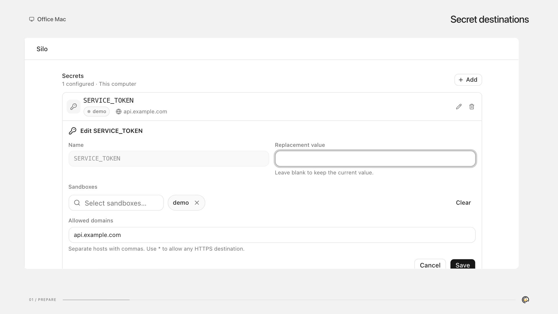 An API secret assigned to a sandbox and allowed HTTPS domain in Silo.